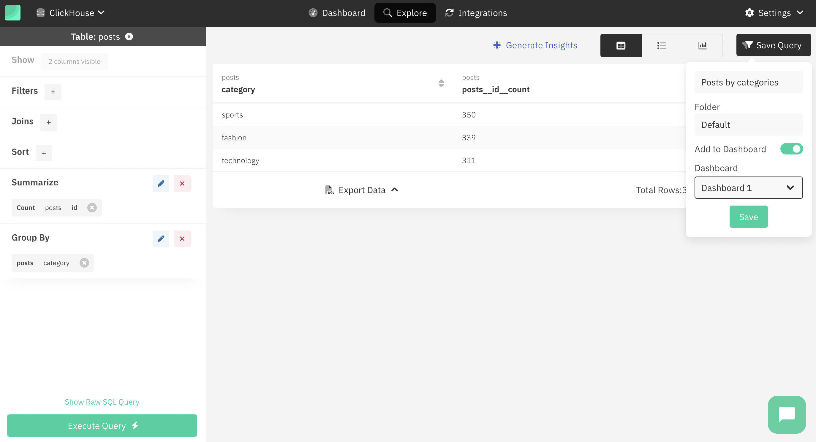 Диалоговое окно сохранения запроса Draxlr с параметрами панели мониторинга